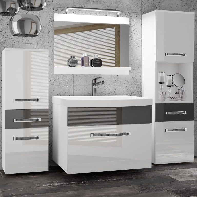 Badezimmermöbel Belini Premium Full Version Hochglanzweiß / Hochglanzgrau + Waschbecken + Spiegel + LED-Beleuchtung Glamour 85 Hersteller GLA P 5/0/W/WS/0/MB/PP

