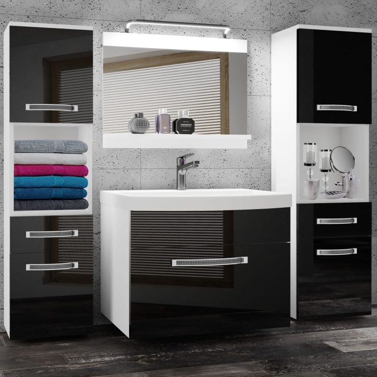 Badezimmermöbel Belini Premium Full Version Hochglanzschwarz + Waschbecken + Spiegel + LED-Beleuchtung Glamour 101 Hersteller GLA P 6/0/W/B/0/MB/PP
