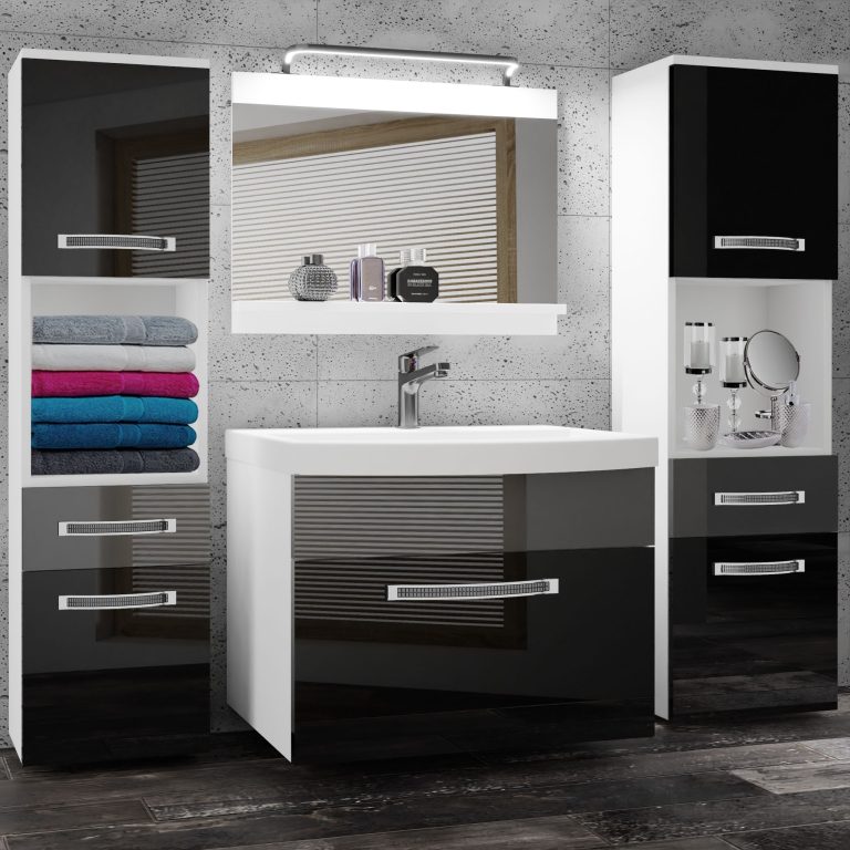 Badezimmermöbel Belini Premium Full Version Hochglanzschwarz / Hochglanzgrau + Waschbecken + Spiegel + LED-Beleuchtung Glamour 106 Hersteller  GLA P 6/0/W/BS/0/MB/PP
