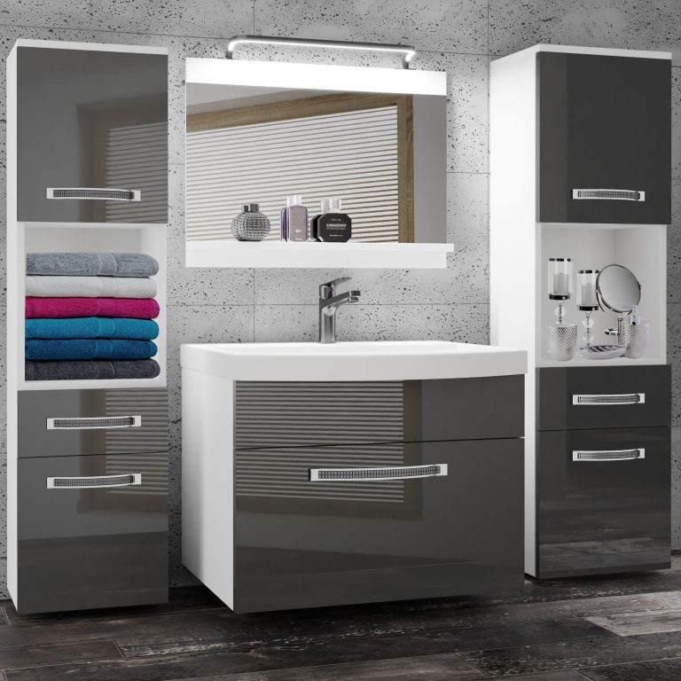 Badezimmermöbel Belini Premium Full Version Hochglanzgrau + Waschbecken + Spiegel + LED-Beleuchtung Glamour 102 Hersteller GLA P 6/0/W/S/0/MB/PP
