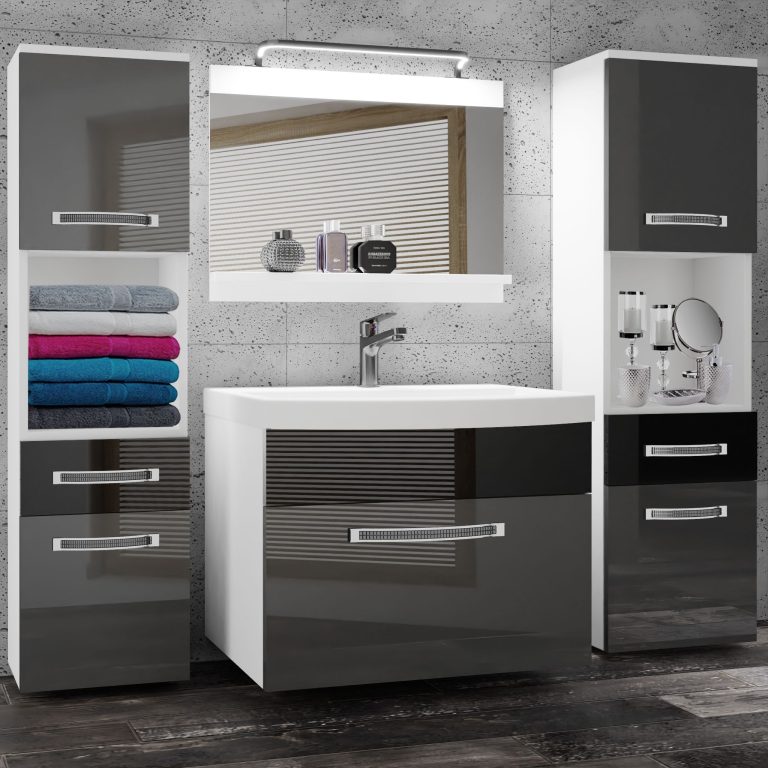 Badezimmermöbel Belini Premium Full Version Hochglanzgrau / Hochglanzschwarz + Waschbecken + Spiegel + LED-Beleuchtung Glamour 107 Hersteller GLA P 6/0/W/SB/0/MB/PP
