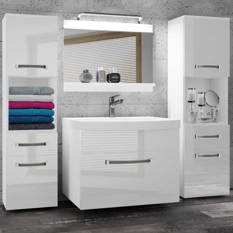 Badezimmermöbel Belini Premium Full Version Hochglanzweiß + Waschbecken + Spiegel + LED-Beleuchtung Glamour 100 Hersteller GLA P 6/0/W/W/0/MB/PP
