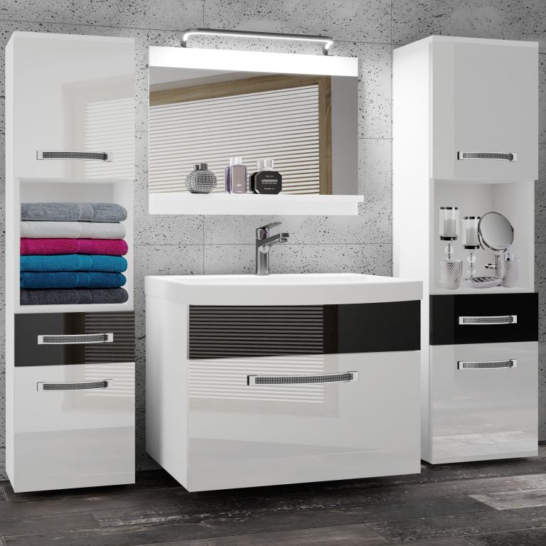 Badezimmermöbel Belini Premium Full Version Hochglanzweiß / Hochglanzschwarz + Waschbecken + Spiegel + LED-Beleuchtung Glamour 103 Hersteller GLA P 6/0/W/WB/0/MB/PP
