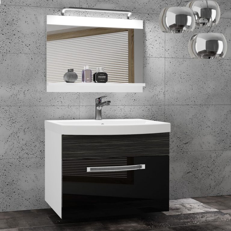 Badezimmermöbel Belini Premium Full Version Hochglanzschwarz / königliches Ebenholz + Waschbecken + Spiegel + LED-Beleuchtung Glamour 18 Hersteller PM 1/0/W/BHK/0/MB/PP
 
