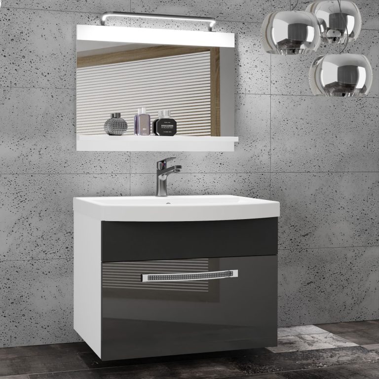 Badezimmermöbel Belini Premium Full Version Hochglanzgrau / Mattschwarz + Waschbecken + Spiegel + LED-Beleuchtung Glamour 13 Hersteller GLA PM 1/0/W/SB/0/MB/PP