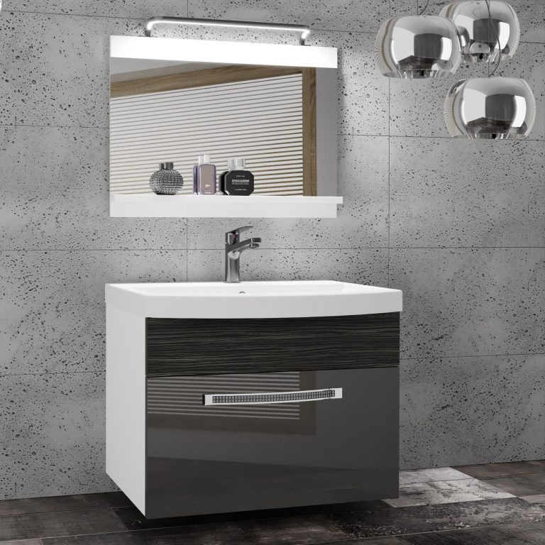 Badezimmermöbel Belini Premium Full Version Hochglanzgrau / königliches Ebenholz + Waschbecken + Spiegel + LED-Beleuchtung Glamour 14 Hersteller GLA PM 1/0/W/SHK/0/MB/PP