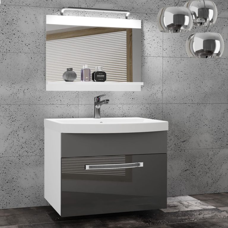 Badezimmermöbel Belini Premium Full Version Hochglanzgrau / Mattgrau + Waschbecken + Spiegel + LED-Beleuchtung Glamour 15 Hersteller GLA PM 1/0/W/SSR/0/MB/PP
