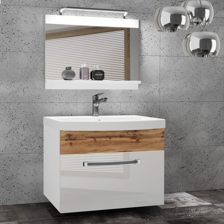 Badezimmermöbel Belini Premium Full Version Hochglanzweiß / Wotan-Eiche + Waschbecken + Spiegel + LED-Beleuchtung Glamour 17 Hersteller GLA PM 1/0/W/WDW/0/MB/PP
