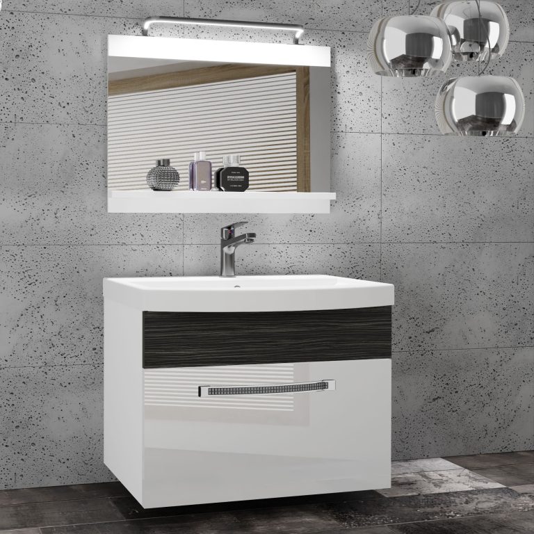 Badezimmermöbel Belini Premium Full Version Hochglanzweiß / königliches Ebenholz + Waschbecken + Spiegel + LED-Beleuchtung Glamour 16 Hersteller GLA PM 1/0/W/WHK/0/MB/PP

