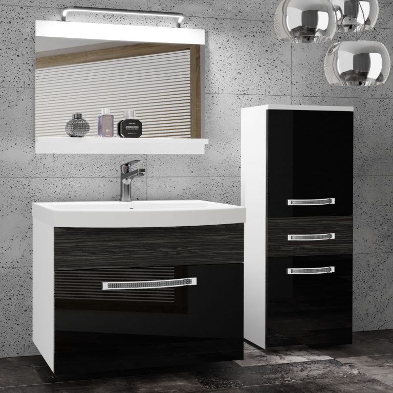 Badezimmermöbel Belini Premium Full Version Hochglanzschwarz / königliches Ebenholz + Waschbecken + Spiegel + LED-Beleuchtung Glamour 37 Hersteller GLA PM 2/0/W/BHK/0/MB/PP