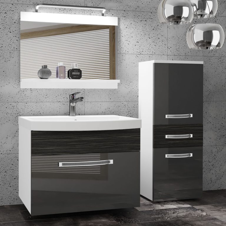 Badezimmermöbel Belini Premium Full Version Hochglanzgrau / königliches Ebenholz + Waschbecken + Spiegel + LED-Beleuchtung Glamour 33 Hersteller GLA PM 2/0/W/SHK/0/MB/PP