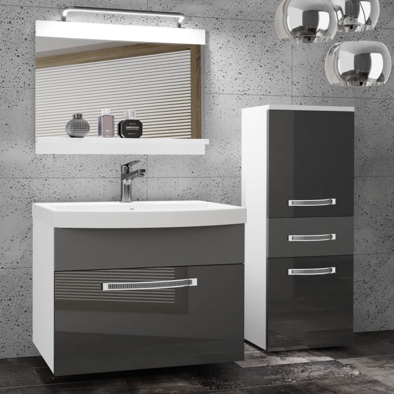Badezimmermöbel Belini Premium Full Version Hochglanzgrau / Mattgrau + Waschbecken + Spiegel + LED-Beleuchtung Glamour 34 Hersteller GLA PM 2/0/W/SSR/0/MB/PP