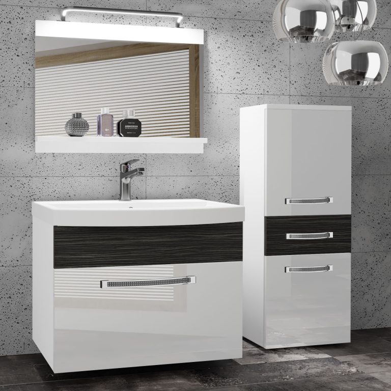 Badezimmermöbel Belini Premium Full Version Hochglanzweiß / königliches Ebenholz + Waschbecken + Spiegel + LED-Beleuchtung Glamour 35 Hersteller GLA PM 2/0/W/WHK/0/MB/PP