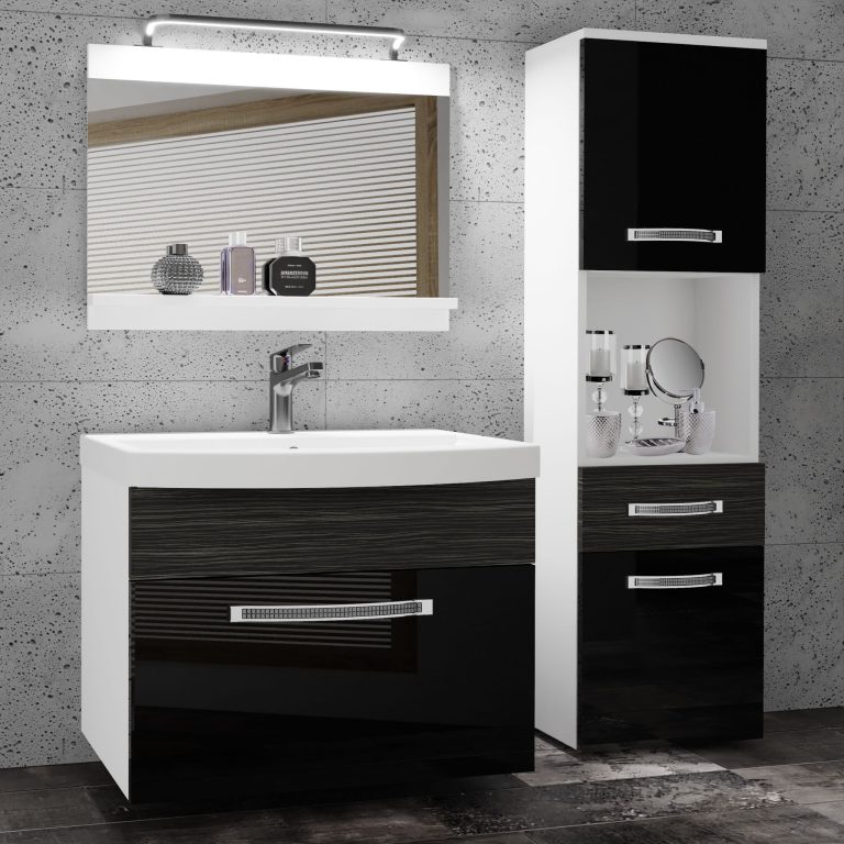 Badezimmermöbel Belini Premium Full Version Hochglanzschwarz / königliches Ebenholz + Waschbecken + Spiegel + LED-Beleuchtung Glamour 56 Hersteller GLA PM 3/0/W/BHK/0/MB/PP