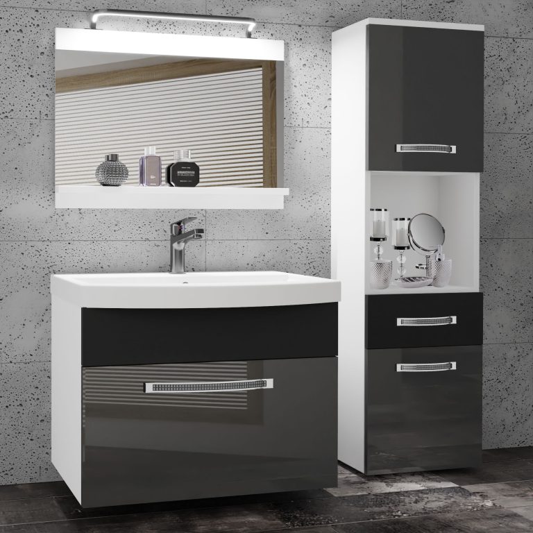 Badezimmermöbel Belini Premium Full Version Hochglanzgrau / Hochglanzschwarz + Waschbecken + Spiegel + LED-Beleuchtung Glamour 50 Hersteller GLA PM 3/0/W/SB/0/MB/PP