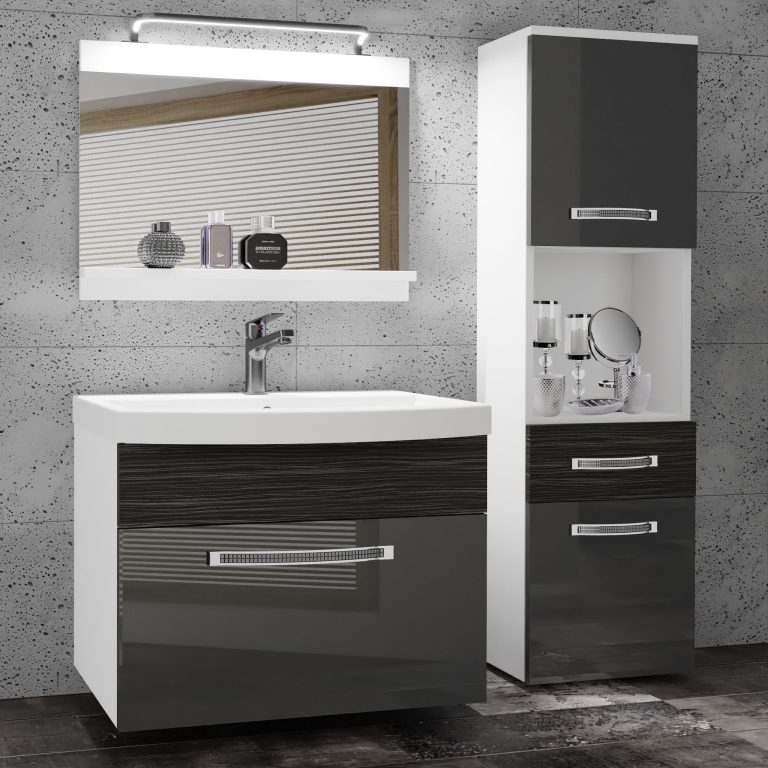 Badezimmermöbel Belini Premium Full Version Hochglanzgrau / königliches Ebenholz + Waschbecken + Spiegel + LED-Beleuchtung Glamour 52 Hersteller GLA PM 3/0/W/SHK/0/MB/PP