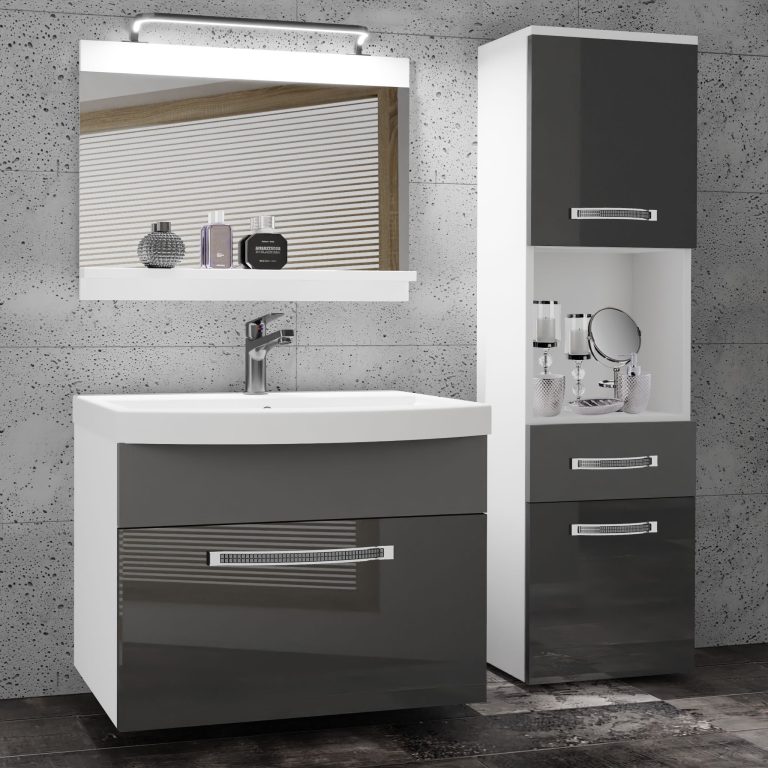 Badezimmermöbel Belini Premium Full Version Hochglanzgrau / Mattgrau + Waschbecken + Spiegel + LED-Beleuchtung Glamour 53 Hersteller GLA PM 3/0/W/SSR/0/MB/PP