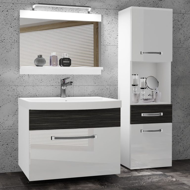 Badezimmermöbel Belini Premium Full Version Hochglanzweiß / königliches Ebenholz + Waschbecken + Spiegel + LED-Beleuchtung Glamour 54 Hersteller GLA PM 3/0/W/WHK/0/MB/PP