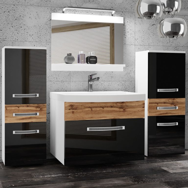 Badezimmermöbel Belini Premium Full Version Hochglanzschwarz / Wotan-Eiche + Waschbecken + Spiegel + LED-Beleuchtung Glamour 76 Hersteller GLA PM 4/0/W/BDW/0/MB/PP