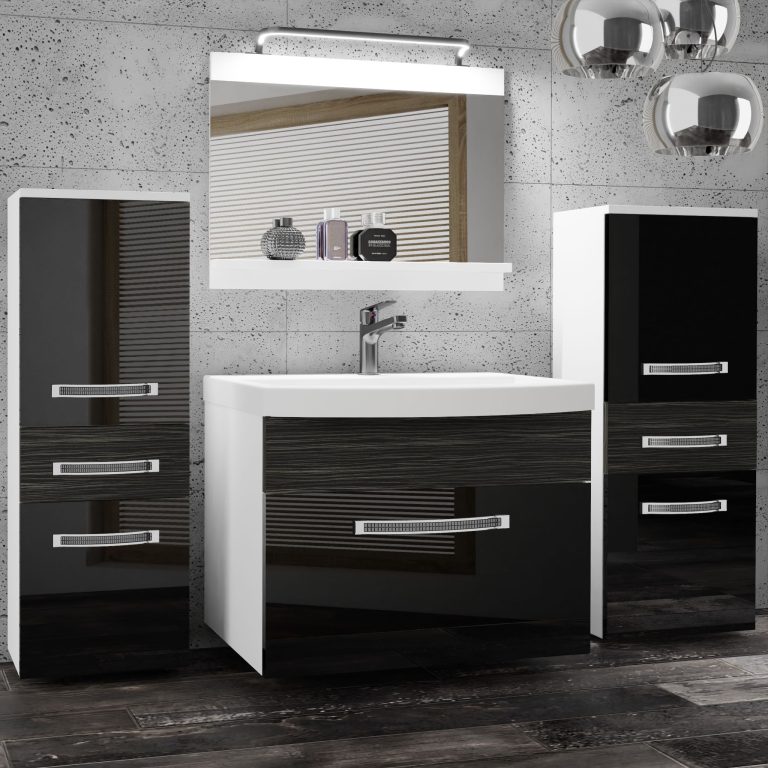 Badezimmermöbel Belini Premium Full Version Hochglanzschwarz / königliches Ebenholz + Waschbecken + Spiegel + LED-Beleuchtung Glamour 75 Hersteller GLA PM 4/0/W/BHK/0/MB/PP