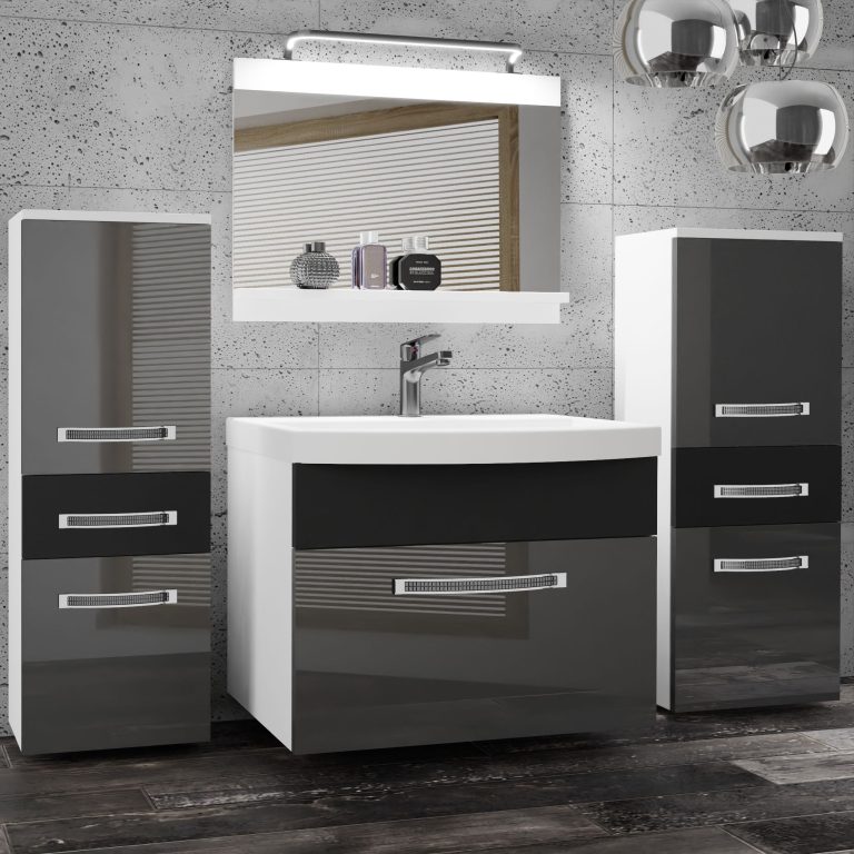Badezimmermöbel Belini Premium Full Version Hochglanzgrau / Mattschwarz + Waschbecken + Spiegel + LED-Beleuchtung Glamour 70 Hersteller GLA PM 4/0/W/SB/0/MB/PP