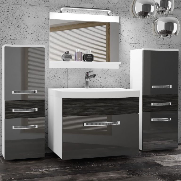 Badezimmermöbel Belini Premium Full Version Hochglanzgrau / königliches Ebenholz + Waschbecken + Spiegel + LED-Beleuchtung Glamour 71 Hersteller  GLA PM 4/0/W/SHK/0/MB/PP
