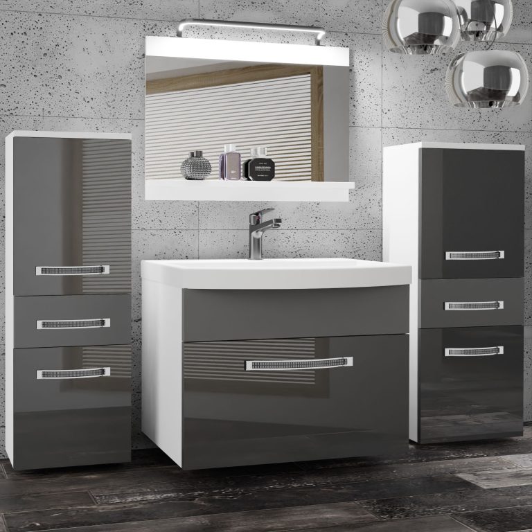 Badezimmermöbel Belini Premium Full Version Hochglanzgrau / Mattgrau + Waschbecken + Spiegel + LED-Beleuchtung Glamour 72 Hersteller PM 4/0/W/SSR/0/MB/PP