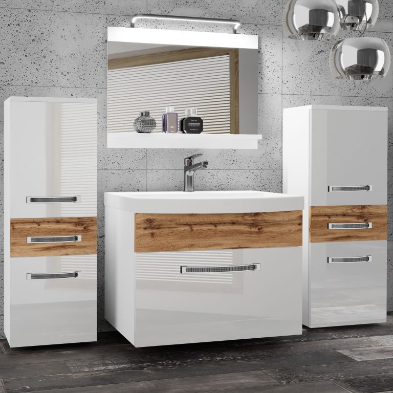 Badezimmermöbel Belini Premium Full Version Hochglanzweiß / Wotan-Eiche + Waschbecken + Spiegel + LED-Beleuchtung Glamour 74 Hersteller GLA PM 4/0/W/WDW/0/MB/PP