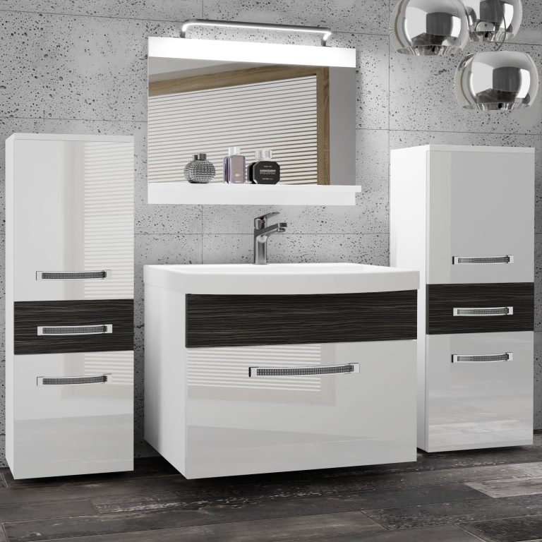 Badezimmermöbel Belini Premium Full Version Hochglanzweiß / königliches Ebenholz + Waschbecken + Spiegel + LED-Beleuchtung Glamour 73 Hersteller GLA PM 4/0/W/WHK/0/MB/PP