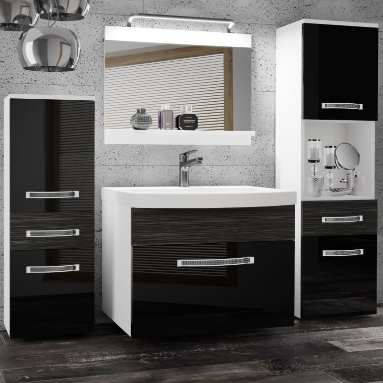 Badezimmermöbel Belini Premium Full Version Hochglanzschwarz / königliches Ebenholz + Waschbecken + Spiegel + LED-Beleuchtung Glamour 94 Hersteller GLA PM 5/0/W/BHK/0/MB/PP
