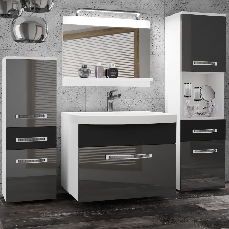 Badezimmermöbel Belini Premium Full Version Hochglanzgrau / Mattschwarz + Waschbecken + Spiegel + LED-Beleuchtung Glamour 89 Hersteller GLA PM 5/0/W/SB/0/MB/PP
