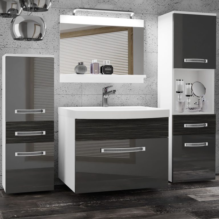 Badezimmermöbel Belini Premium Full Version Hochglanzgrau / königliches Ebenholz + Waschbecken + Spiegel + LED-Beleuchtung Glamour 90 Hersteller GLA PM 5/0/W/SHK/0/MB/PP
