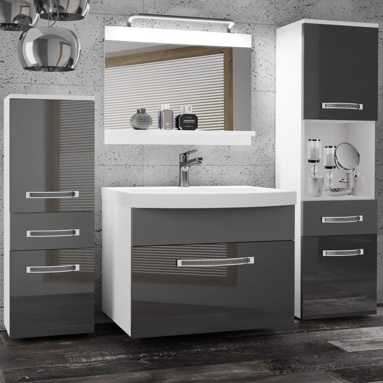 Badezimmermöbel Belini Premium Full Version Hochglanzgrau / Mattgrau + Waschbecken + Spiegel + LED-Beleuchtung Glamour 91 Hersteller GLA PM 5/0/W/SSR/0/MB/PP
