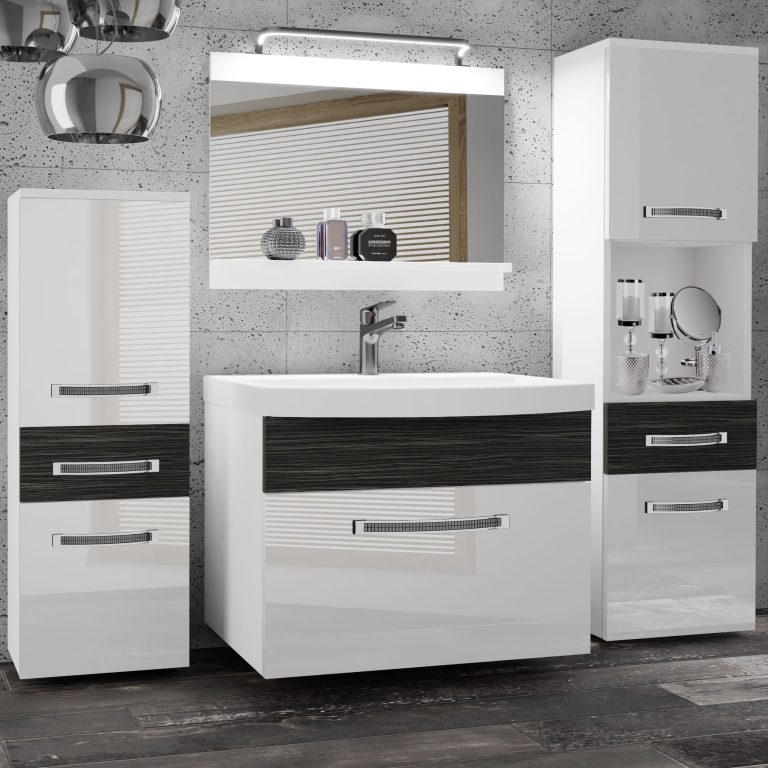 Badezimmermöbel Belini Premium Full Version Hochglanzweiß / königliches Ebenholz + Waschbecken + Spiegel + LED-Beleuchtung Glamour 92 Hersteller GLA PM 5/0/W/WHK/0/MB/PP
