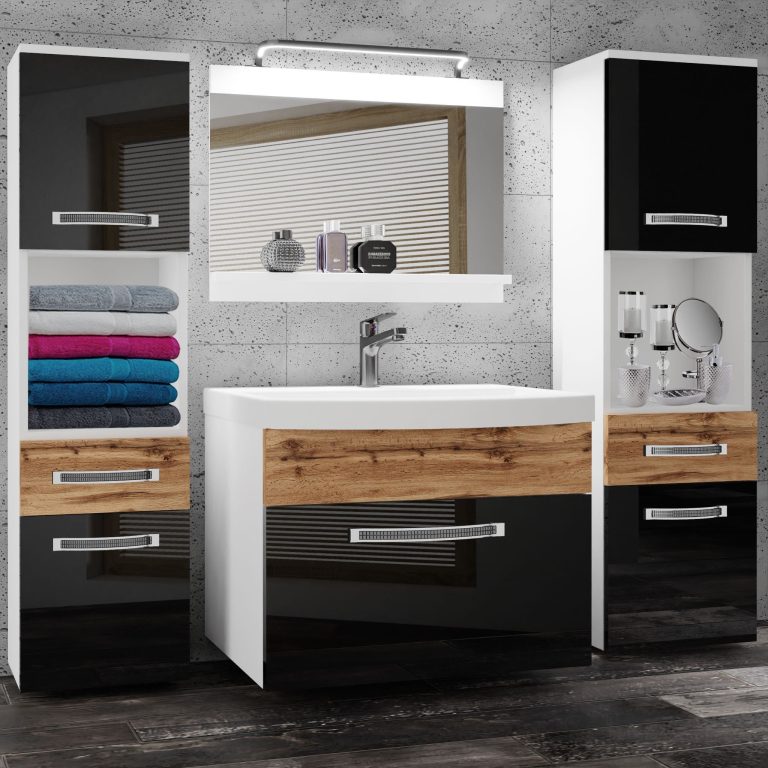Badezimmermöbel Belini Premium Full Version Hochglanzschwarz / Wotan-Eiche + Waschbecken + Spiegel + LED-Beleuchtung Glamour 114 Hersteller GLA PM 6/0/W/BDW/0/MB/PP