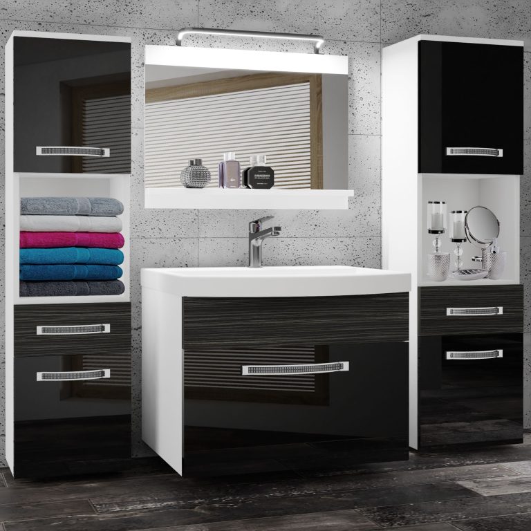 Badezimmermöbel Belini Premium Full Version Hochglanzschwarz / königliches Ebenholz + Waschbecken + Spiegel + LED-Beleuchtung Glamour 113 Hersteller GLA PM 6/0/W/BHK/0/MB/PP