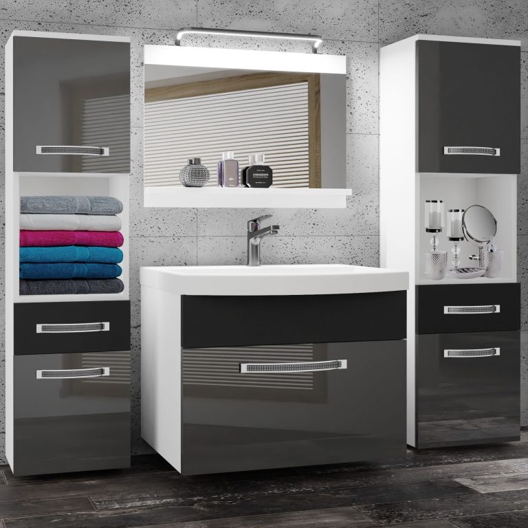 Badezimmermöbel Belini Premium Full Version Hochglanzgrau / Mattschwarz + Waschbecken + Spiegel + LED-Beleuchtung Glamour 108 Hersteller GLA PM 6/0/W/SB/0/MB/PP
