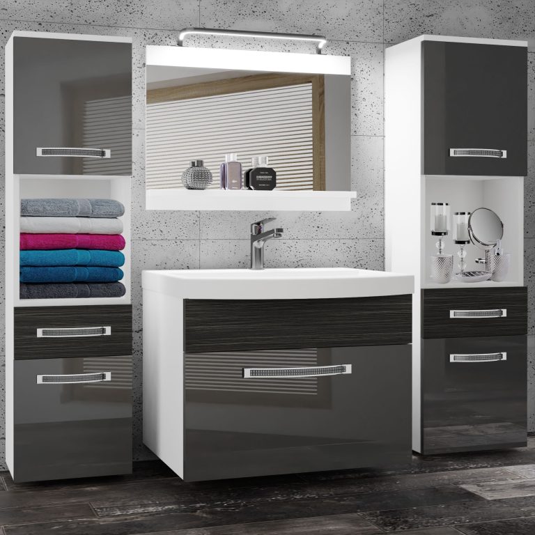 Badezimmermöbel Belini Premium Full Version Hochglanzgrau / königliches Ebenholz + Waschbecken + Spiegel + LED-Beleuchtung Glamour 109 Hersteller GLA PM 6/0/W/SHK/0/MB/PP
