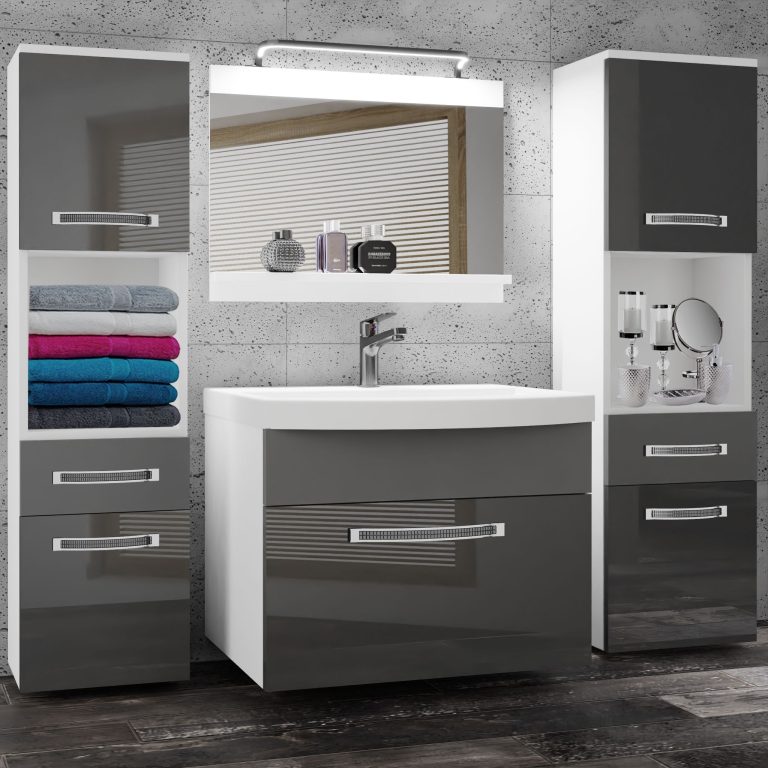 Badezimmermöbel Belini Premium Full Version Hochglanzgrau / Mattgrau + Waschbecken + Spiegel + LED-Beleuchtung Glamour 110 Hersteller GLA PM 6/0/W/SSR/0/MB/PP