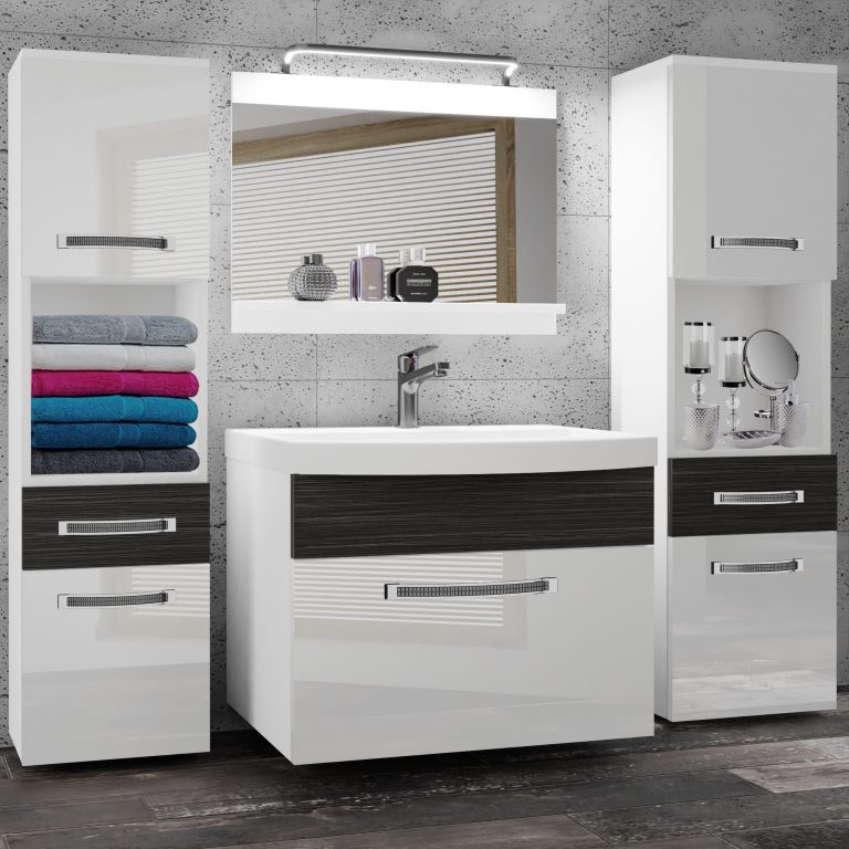 Badezimmermöbel Belini Premium Full Version Hochglanzweiß / königliches Ebenholz + Waschbecken + Spiegel + LED-Beleuchtung Glamour 111 Hersteller GLA PM 6/0/W/WHK/0/MB/PP