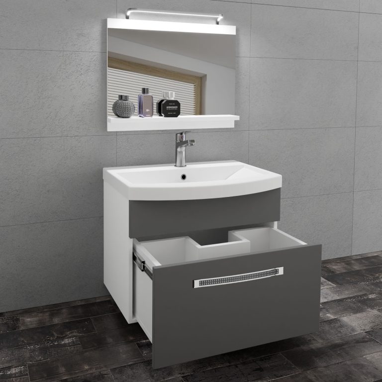 Badezimmermöbel Belini Premium Full Version Mattgrau + Waschbecken + Spiegel + LED-Beleuchtung Glamour 3 Hersteller GLA M 1/0/W/SR/0/MB/PP