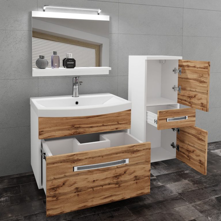  Badezimmermöbel Belini Premium Full Version Wotan-Eiche + Waschbecken + Spiegel + LED-Beleuchtung Glamour 23 Hersteller GLA M 2/0/W/DW/0/MB/PP