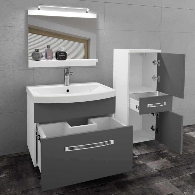  Badezimmermöbel Belini Premium Full Version Mattgrau + Waschbecken + Spiegel + LED-Beleuchtung Glamour 22 Hersteller GLA M 2/0/W/SR/0/MB/PP