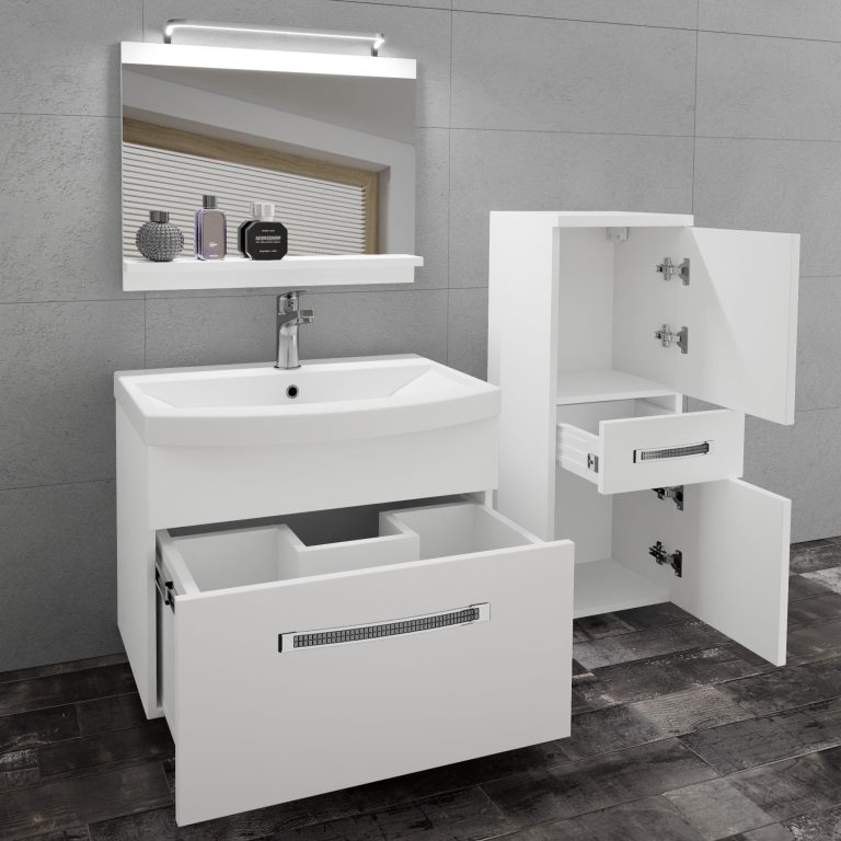 Badezimmermöbel Belini Premium Full Version Mattweiß + Waschbecken + Spiegel + LED-Beleuchtung Glamour 20 Hersteller GLA M 2/0/W/W/0/MB/PP
