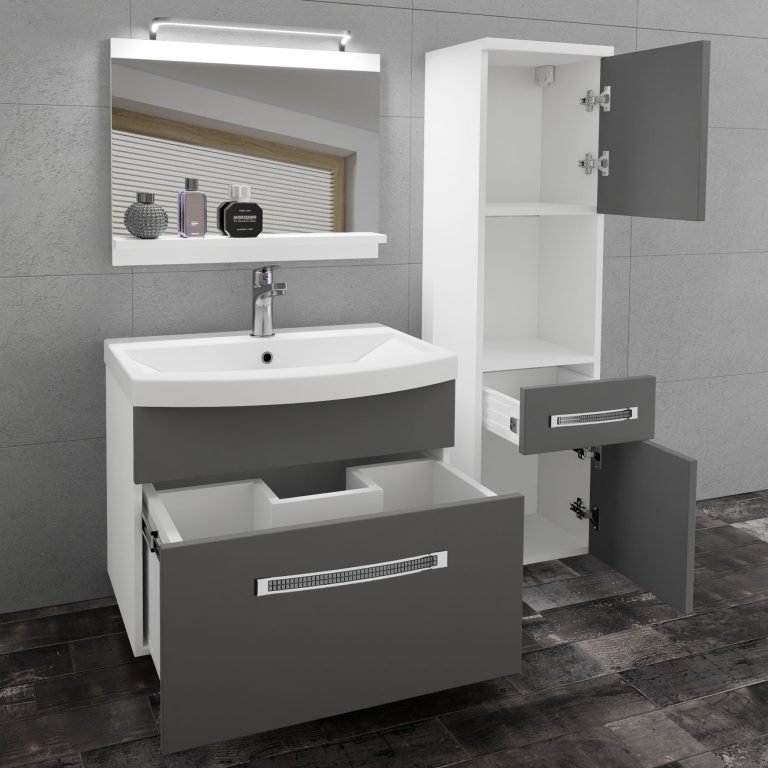 Badezimmermöbel Belini Premium Full Version Mattgrau + Waschbecken + Spiegel + LED-Beleuchtung Glamour 41 Hersteller GLA M 3/0/W/SR/0/MB/PP