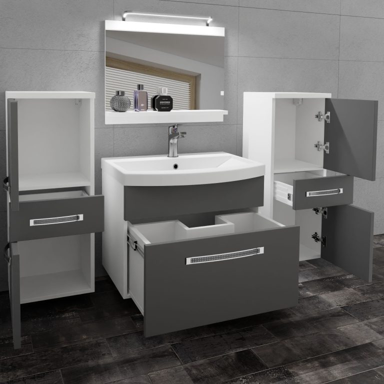 Badezimmermöbel Belini Premium Full Version Mattgrau + Waschbecken + Spiegel + LED-Beleuchtung Glamour 60 Hersteller GLA M 4/0/W/SR/0/MB/PP
