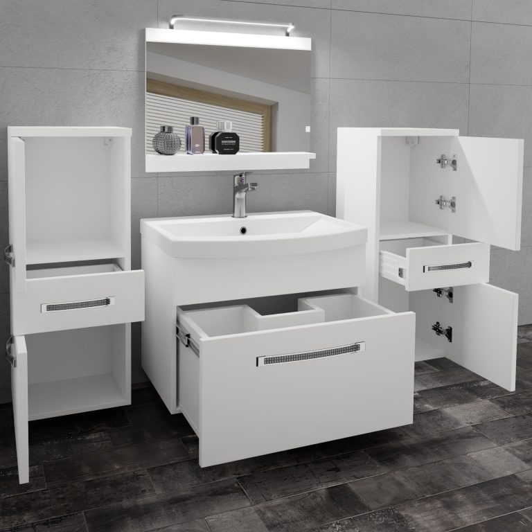 Badezimmermöbel Belini Premium Full Version Mattweiß + Waschbecken + Spiegel + LED-Beleuchtung Glamour 58 Hersteller GLA M 4/0/W/W/0/MB/PP

