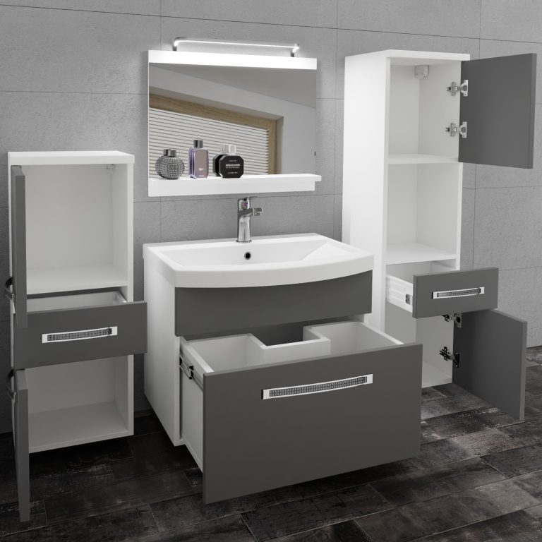 Badezimmermöbel Belini Premium Full Version Mattgrau + Waschbecken + Spiegel + LED-Beleuchtung Glamour 79 Hersteller GLA M 5/0/W/SR/0/MB/PP