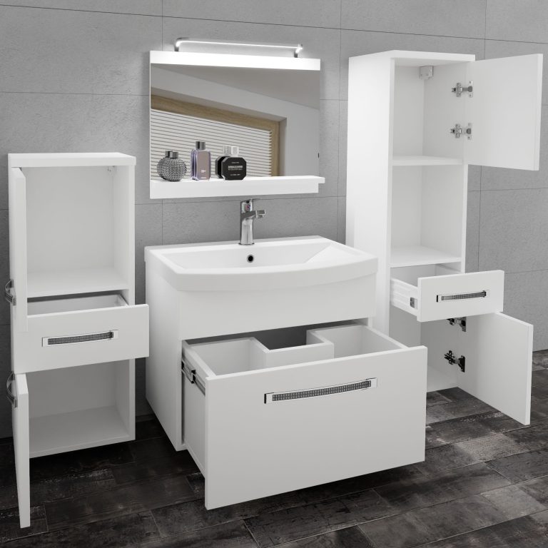 Badezimmermöbel Belini Premium Full Version Mattweiß + Waschbecken + Spiegel + LED-Beleuchtung Glamour 77 Hersteller  GLA M 5/0/W/W/0/MB/PP