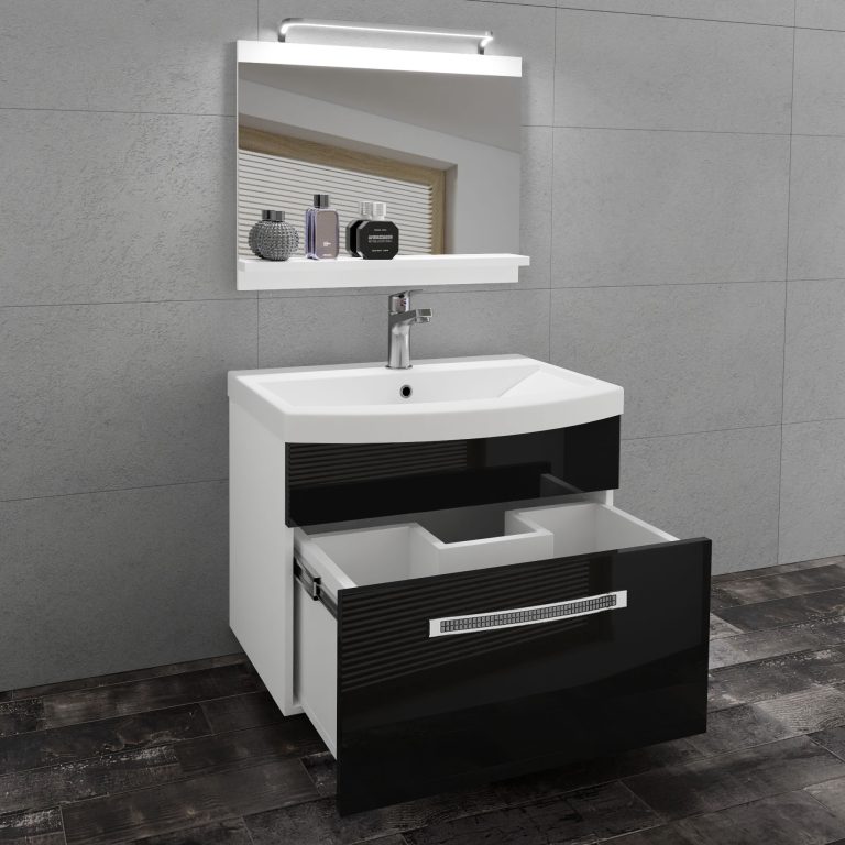 Badezimmermöbel Belini Premium Full Version Hochglanzschwarz + Waschbecken + Spiegel + LED-Beleuchtung Glamour 6 Hersteller GLA P 1/0/W/B/0/MB/PP
